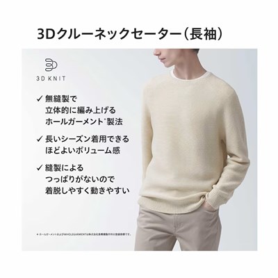 ユニクロのメンズ（男女兼用）2024年春夏新作・3Dクルーネックセーター（長袖）