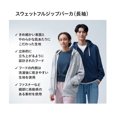 ユニクロのメンズ（男女兼用）2024年春夏新作・スウェットフルジップパーカ（長袖）